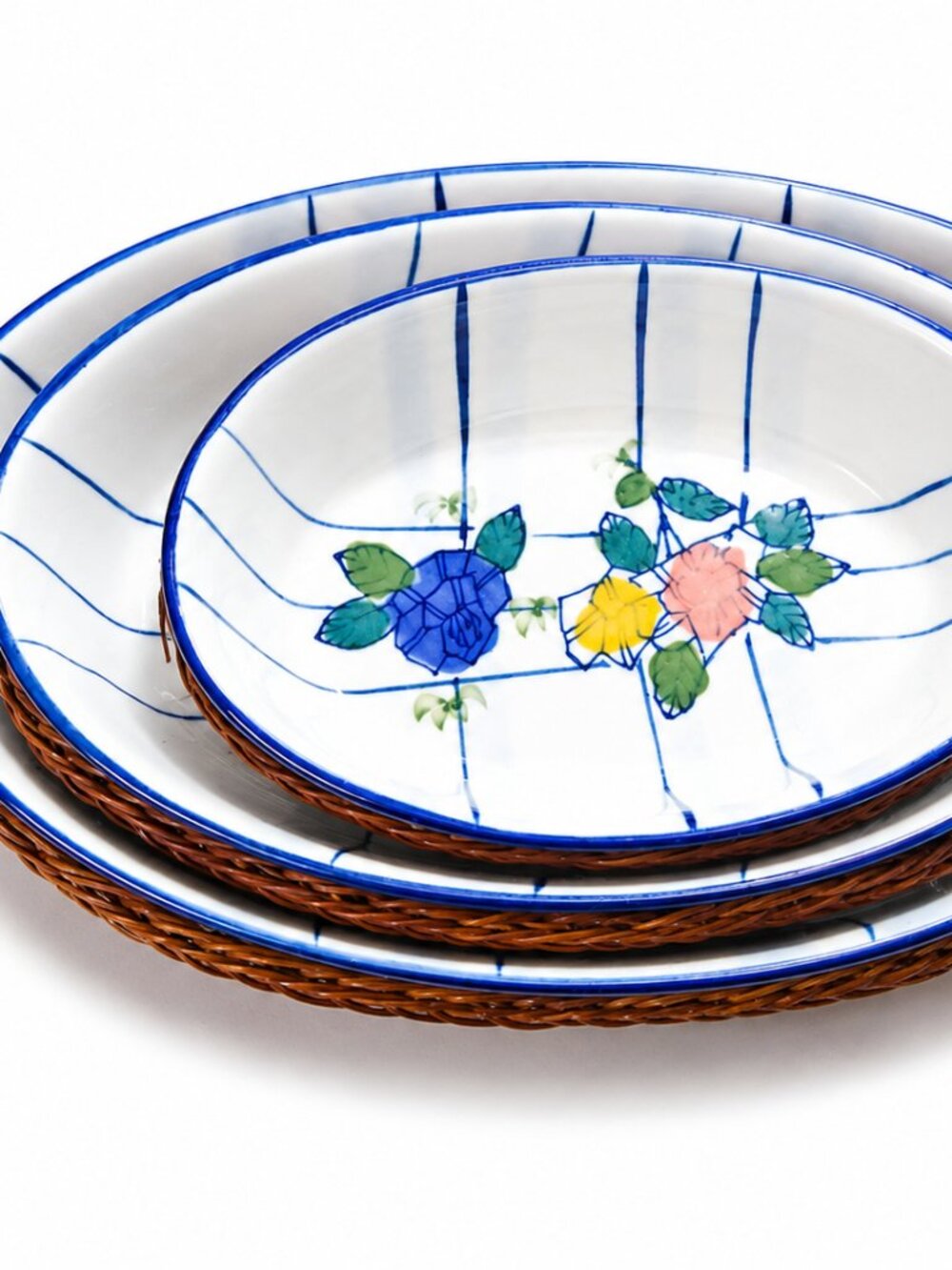 Nested Floral Blue - Rimmed Ceramic Platter Set 3 Bowls